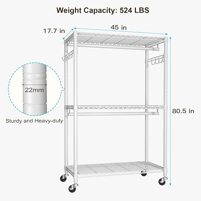 FUTASSI P1 Plus Rolling Clothes Rack, 22mm Diameter Heavy Duty Garment Rack | Freestanding Clothing Rack with Wheels and Double Rods, Portable Closet Wardrobe System Max Load 524lbs, White