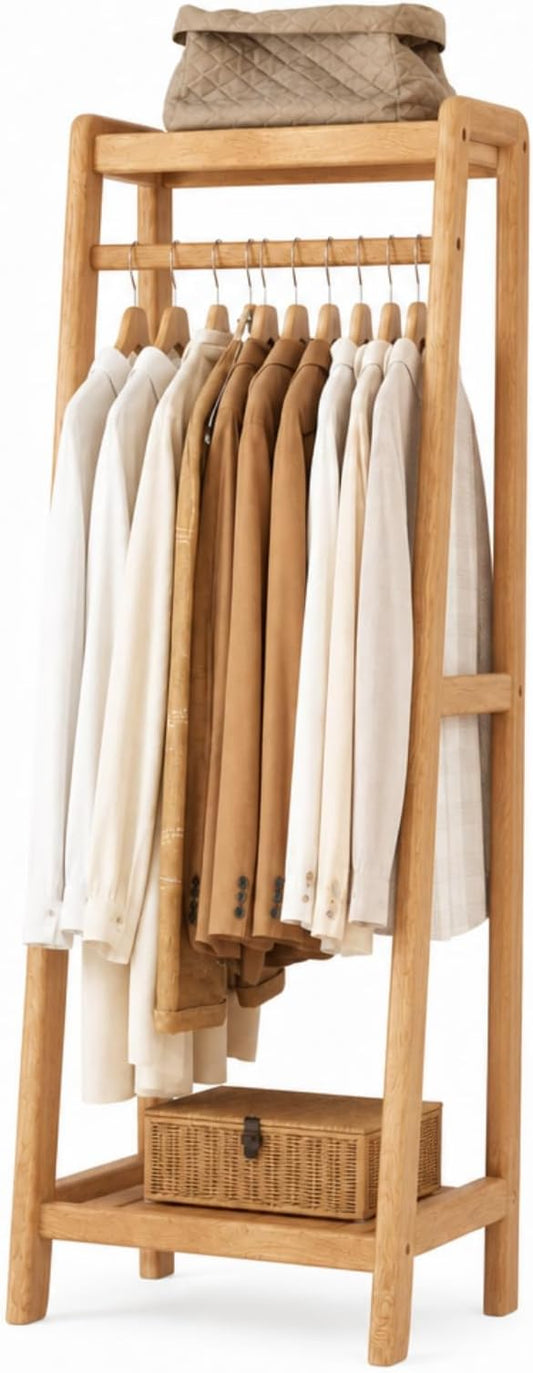 Solid Wood Clothes Rack, Clothing Rack with Shelves for Bedroom, Living Room, Entryway, 16" x 20" x 63", Oak Wood, Natural