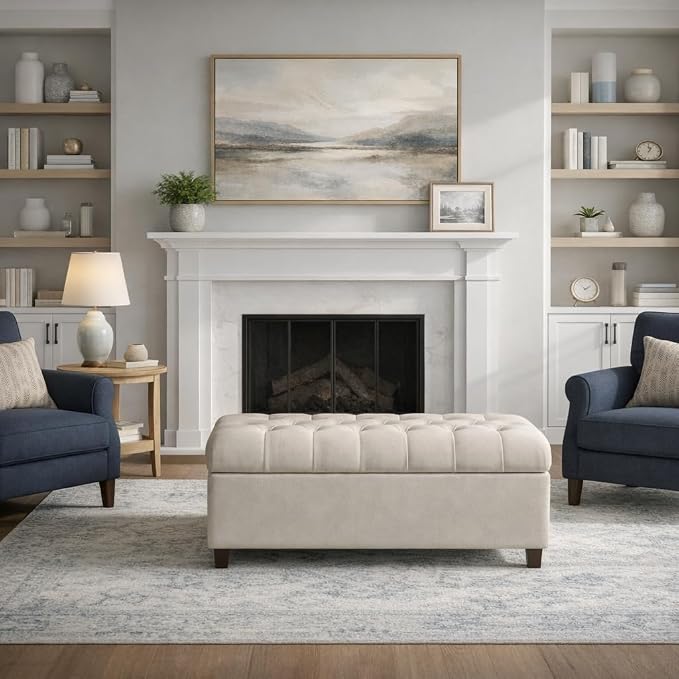 Homepop Home Decor | Tufted Ainsley Button Storage Ottoman Bench with Hinged Lid | Ottoman Bench with Storage for Living Room & Bedroom, Soft Cream, Textured Neutral