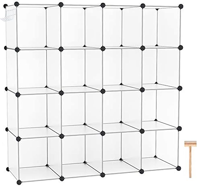 C&AHOME 16 Cube Storage Organizer Cube Shelves Units Storage Cubes, White | Plastic DIY Closet Organizer, Stackble Modular Closet Storage Shelves Ideal for Home, Bedroom, 48.4" L × 12.4" W × 48.4" H