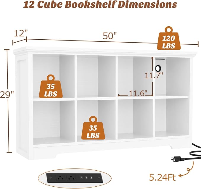 Aheaplus Wooden 8-Cube Storage Organizer with Charging Ports, Modern Cube Bookcase with Base, 3-Tier Floor Standing Open Cubbies Bookshelf, Cubicle Display Shelf for Home and Office, White