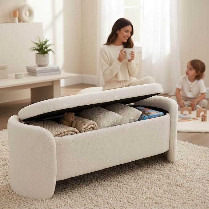 LukeAlon 50" Wide Sherpa Storage Bench, Sturdy Solid Wood Frame Ottoman with Large Hidden Storage, Anti-Slip & Durable Shoe Bench for Bedroom, Entryway, Living Room, White, No Assembly Required
