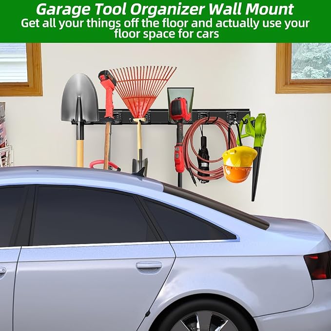PIYILO Garage Organization, Garage Wall Organizer with 48 inches Rails and 6 Hooks, Tool Organizers Heavy Duty, Shovel Holder Wall Mount Max Load 360 LBS, Sturdy Garden Tool Rack for Folding Chairs | Heavy-duty Alloy Steel, 360 LBS Load, Wear & Tear Re...
