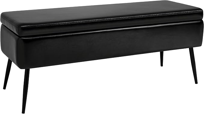 kinmars Leather Storage Ottoman Bench, End of Bed Bench with Steel Legs | Black Leather Smooth Upholstery Design | 660 lb Capacity | Safety Hinges |Mid-Century Modern Style | Bedroom & Entryway