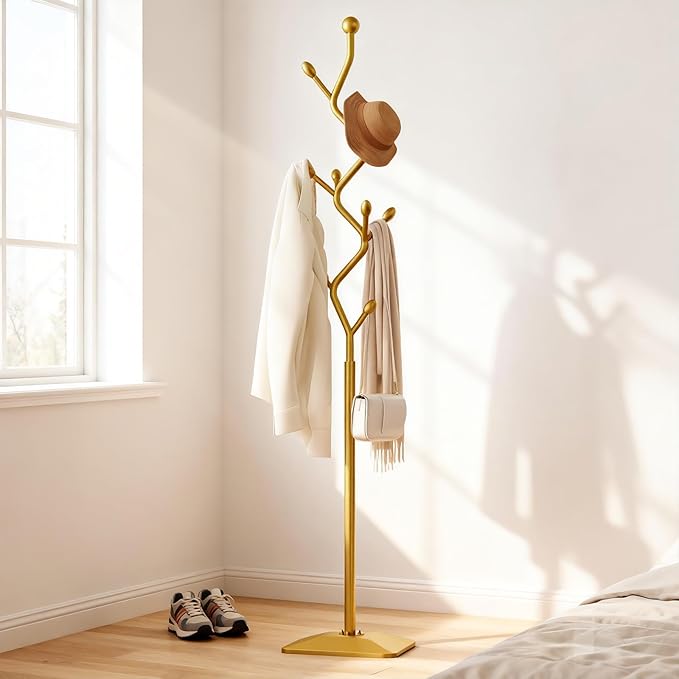 Tree-shaped coat rack stand,Metal coat tree with 8 Hooks and sturdy cast iron base,Heavy Duty coat rack freestanding coat hanger stand for Clothes Hats Scarfs Purses (gold)
