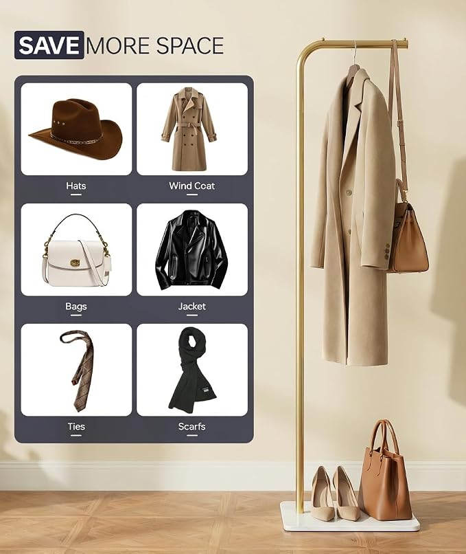 Coat Rack, L-Shaped Freestanding Metal Clothes Stand with Sintered Stone Base, Stable & Sturdy Storage for Coats, Hats, Bags, and Scarves, Ideal for Entryway, Office, and Bedroom, 15.7" x 9.8" x 67"