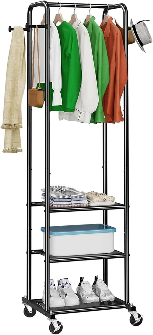 Ekisemio Heavy Duty Clothing Rack with Wheels, Modern Garment Rack with 3 Metal Shelves, Black