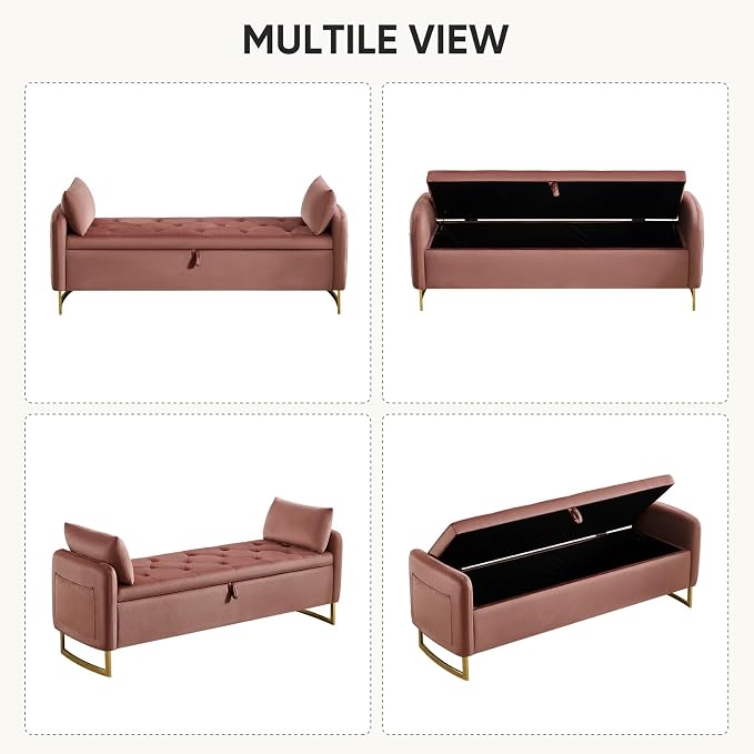 65" End of Bed Storage Bench, Modern Storage Benches for Foot with Tufted Button and Gold Legs, Upholstered Window Ottoman Benches with Armrests, Rose Gold