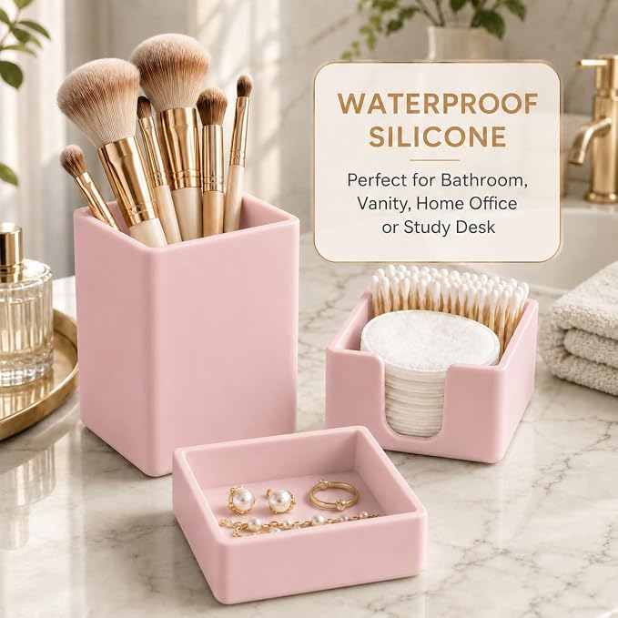 minimaliving Aesthetic Silicone Desk Organizer Set of 3,Modern Office Desk Accessories with Pen Holder,Paperclip Tray,Sticky Note Holder,Stylish Functional Office Desk Decor for Back-to-school(Pink)