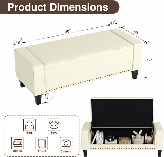 AKMAKM 49''W Storage Ottoman Bench, 30 Gallons End of Bed Bench, Faux Leather, Mid Century Modern, Upholstered Bench with Storage and Seat for Entryway, Living Room, Holds up to 350 lb, White