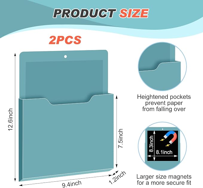 Feifeiya 2 Pcs Magnetic File Folder Wall Hanging Holder Large Pocket Paper Magazine Mail Organizer for Refrigerator Classroom Locker Whiteboard(Vertical,Haze Blue,12.2 x 9.4 Inches)