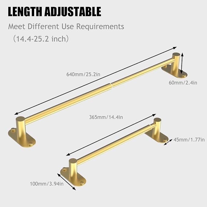 Towel Bar, Adjustable 14.4inch - 25.2inch Towel Rack, Self Adhesive & Wall Mounted for Bathroom Kitchen Hand Towel Holder Cloths Hanger SUS 304 Stainless Steel Single Bar (4, Gold)