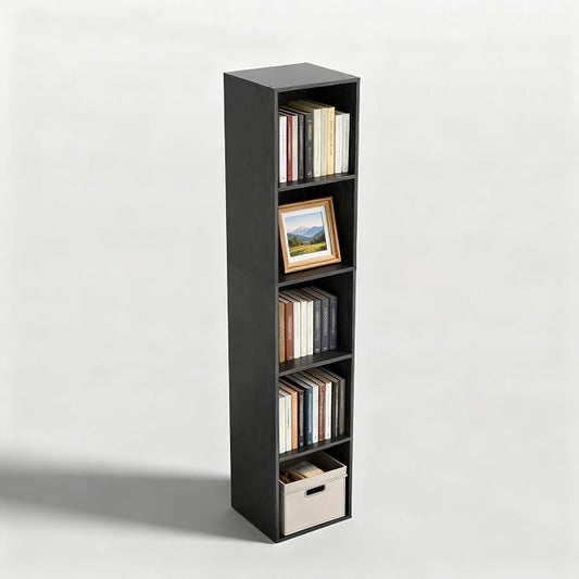 5 Cube Storage Organizer, Narrow Open Shelf Bookcase, Freestanding Low Display Bookshelf with Eco-Friendly Melamine Surface for Home Office, Bedroom, Living Room, Study, Black