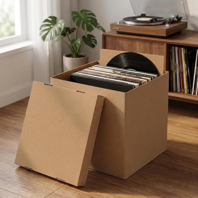CRUGLA Vinyl Record Storage Boxes with Lids 7 Pack, 13 Inch Cube, Collapsible Corrugated Cardboard, Quick Fold Assembly with Pre-Applied Adhesive, Side Cut-Out Handles, Home Office Organizer