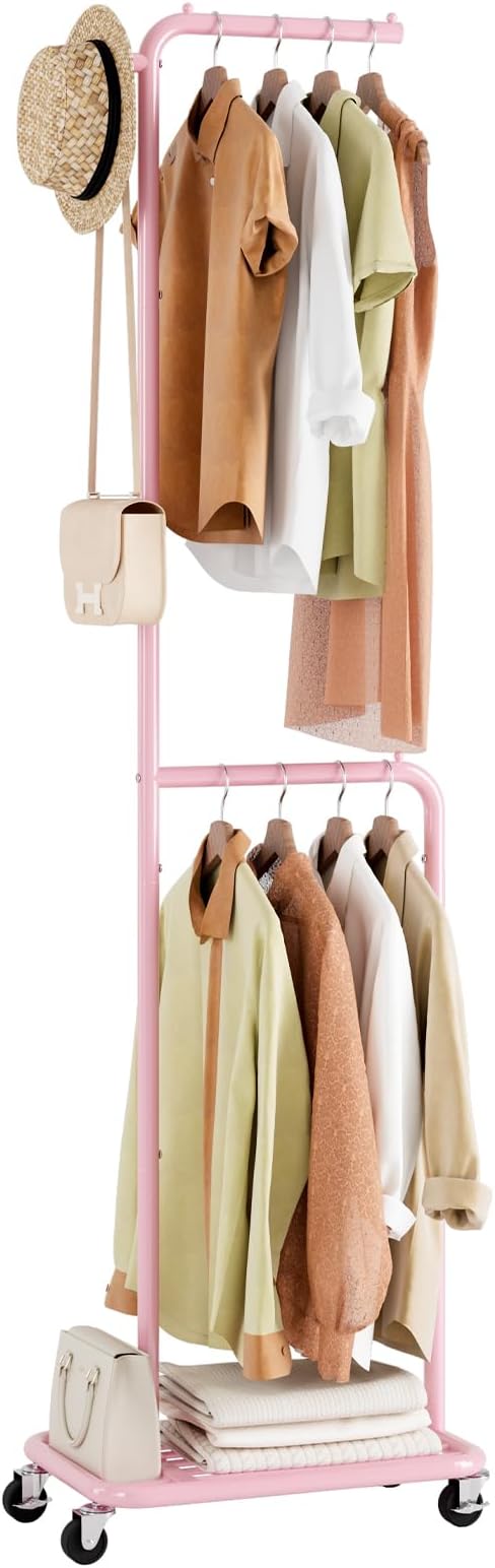 Small Rolling Clothing Rack with Shelf, Narrow Clothes Rack with Wheels | Gasvadivum 71" Tall Sturdy Metal Garment Rack with Hanging Rod, Freestanding Portable Coat Rack for Bedroom, Entryway, Pink