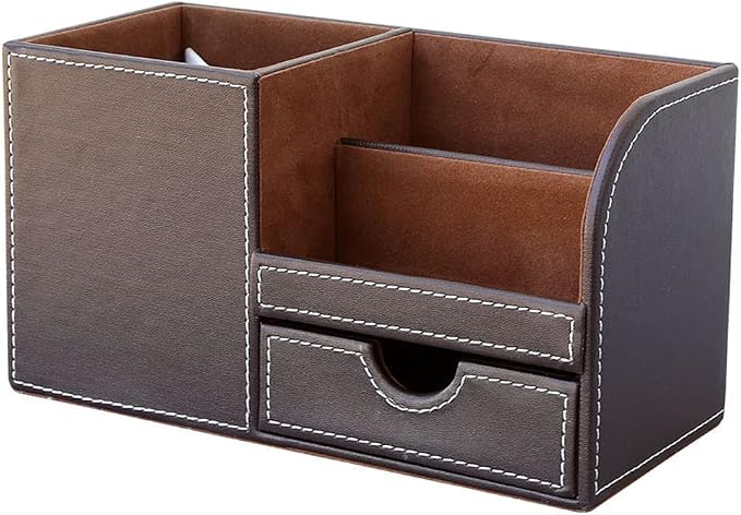 Desk Organizer Office Supplies Caddy Pu Leather Multi-function Storage Box Pen/Pencil,Cell phone, Business Name Cards Remote Control Holder with Small Drawer Brown