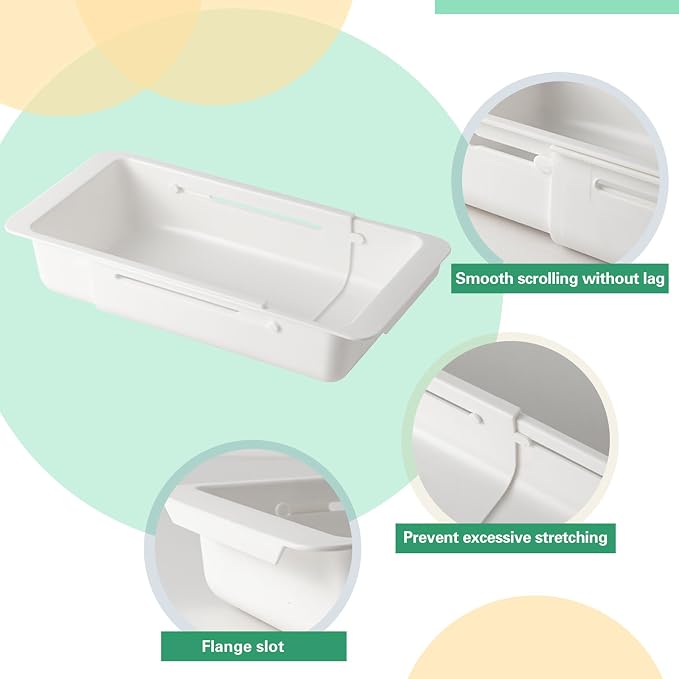 SnowTing 2 PCS Deep Drawer Organizer, 2 Sizes Expandable & Adjustable White Plastic Organizer, Sliding Drawer Storage Bins for Kitchen Utensils, Office Supplies, Cosmetics, Tools