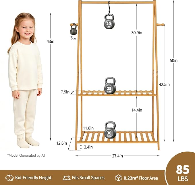 Kids Clothing Rack Small Baby Clothes Racks Bamboo Garment Rack 50"H | Wooden Short Mini Dress Up Costume Rack with Shelves for Hanging Clothes, Nursey Toddler Shower Children Clothes Hanger Rack