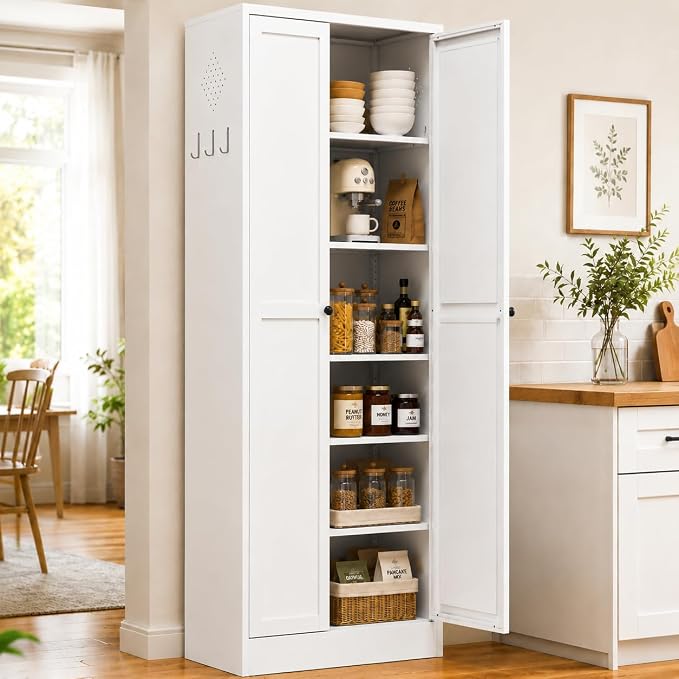Metal Storage Cabinet, 72" Tall Kitchen Pantry Cabinet with 2 Doors and 5 Adjustable Shelves, White Steel Storage Cupboard for Dining, Office, Living Room, Bathroom