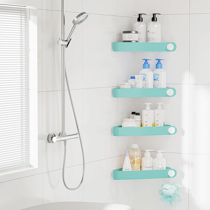 Sotfamily Plastic Shower Caddy Corner (for 90° Only), 4 Pack, Turquoise | Adhesive Corner Shower Shelves for Bathroom Organizers and Storage, Bathroom Decor, No Drill, Rust Free