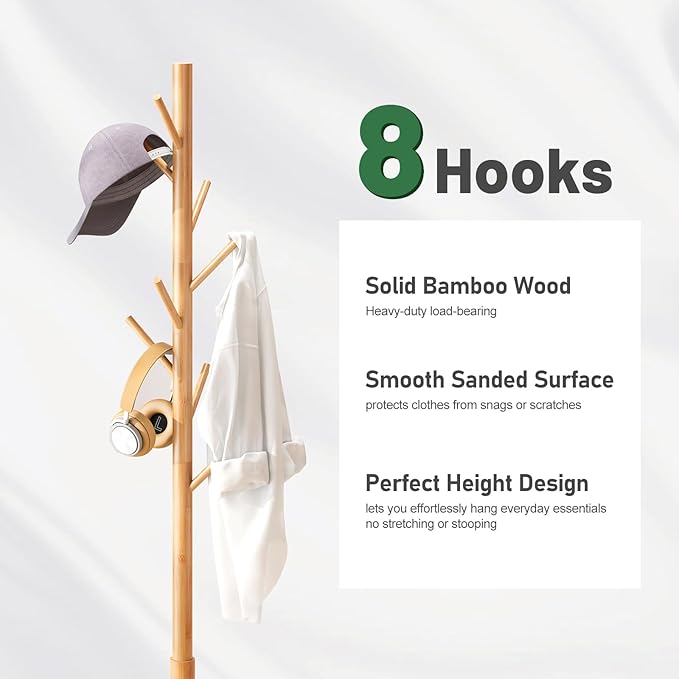 kiplant Coat Rack Freestanding, Bamboo Wood Coat Stand with 8 Hooks,3 Adjustable Size,Easy Assembly NO Tools Required, Coat Tree Hanger Stand for CoatsScarves in Hallway