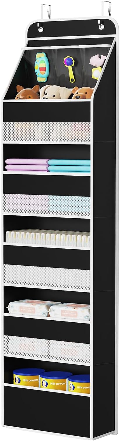 Univivi Fabric Over Door Hanging Organizer for Baby Nursery, Black, 6-Shelf | Door Storage with Large Capacity Breathable Mesh Pockets, Back of Door Organizer for Baby Essential, Bedroom, and Dorm