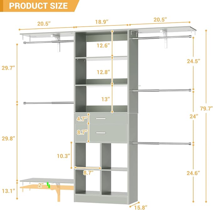 5FT Small Closet System, Baby Closet Organizer System with Wooden Drawers, 60 Inches Walk in Closet System with 5 Hanging Rods and 3 Reversible Hanging Shelving, Crab Green