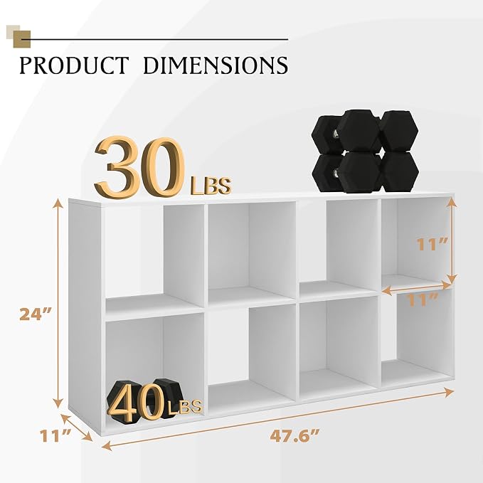 WannabeMyself【Sturdy Build&Easy Assembly】 8 Cube Storage Organizer with Anti-Tipping Kits,Reversible Open Back Book Shelf, Bookcase for Living Room,Bedroom,Entrance Hall,Office,24.1×11.4×47.7,White