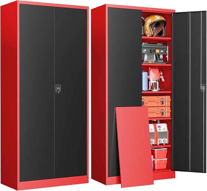 Metal Garage Storage Cabinets with Lock, 71" Tall Tool Cabinet with 2 Door and 5 Adjustable Shelves, Locking Garage Cabinets and Lockable Steel Locker for Home Office Warehouse-(Red Black-71”H)