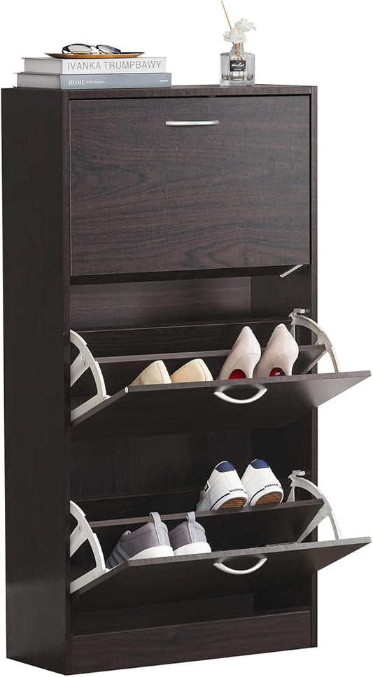 Haotian Shoe Cabinet for Entryway, Tall Freestanding Shoe Rack with 3 Flip-Drawers, Hidden Storage Shoe Organiazer Entrance Hallyway, Brown, FSR110-BR
