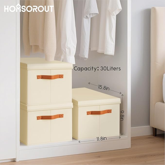 Homsorout Storage Bins with Lids - Large Fabric Closet Bins with Lid, 6 Pack Clothes Organizers and Storage, Collapsible Stackable Cube Basket for Home, Office, Dorm, Beige