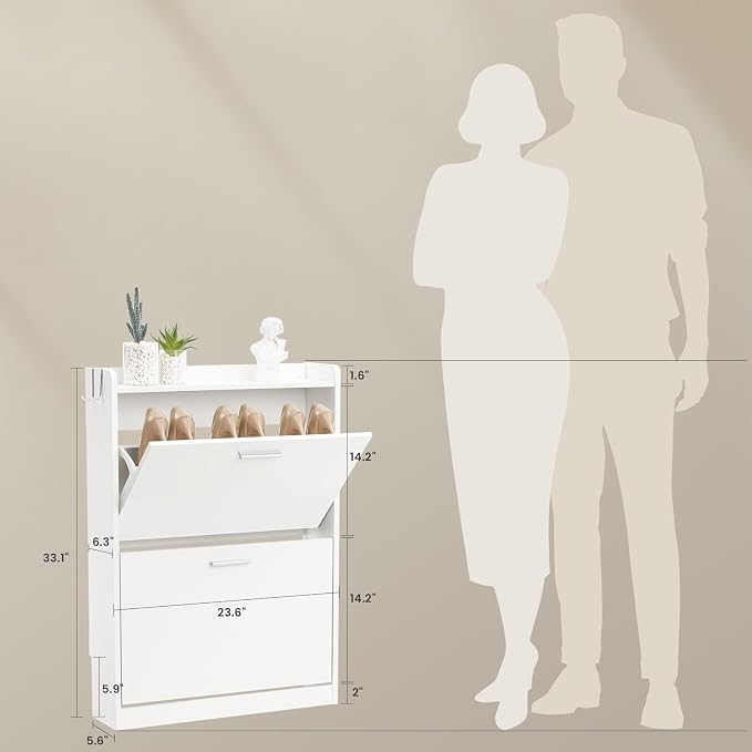 Slim Shoe Cabinet for Entryway with 2 Flip Drawers, 23.6" W White | Freestanding shoe storage cabinet for entryway,foyer and hallway,Narrow design and space-saving flip drawers