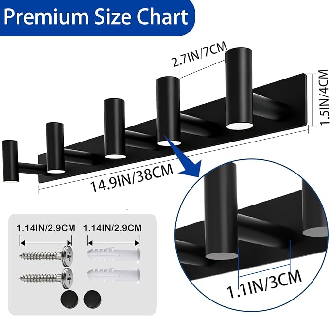Matte Black Coat Rack Wall Mount - 5 Hooks, Heavy Duty Stainless Steel Wall Hooks for Towels, Coats, Robes, Bags, Hats, Keys, Wall Coat Hanger for Bathroom, Entryway, Kitchen, Hotel, Bedroom, Office