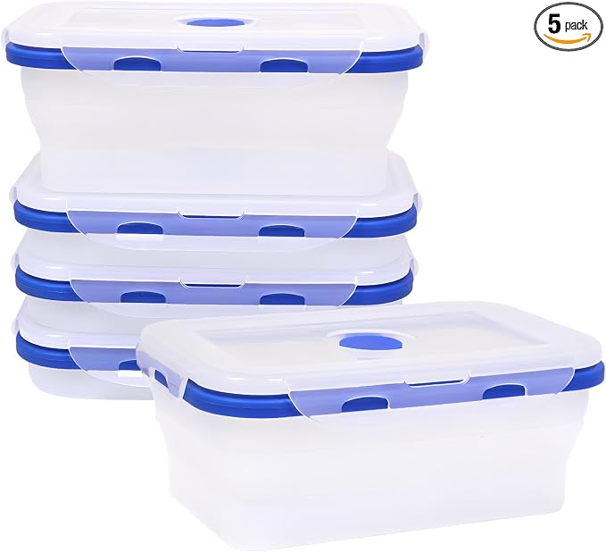 5 Pack Translucent Collapsible Silicone Food Storage Containers with Leak-Resistant Lids, 27oz Bento Lunch Box, microwave, dishwasher, freezer safe, BPA Free