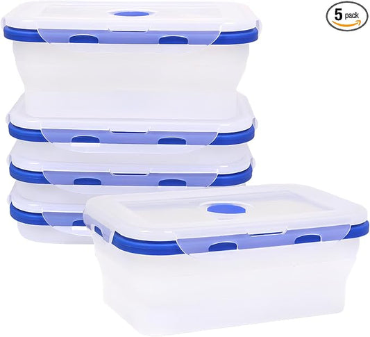 5 Pack Translucent Collapsible Silicone Food Storage Containers with Leak-Resistant Lids, 27oz Bento Lunch Box, microwave, dishwasher, freezer safe, BPA Free