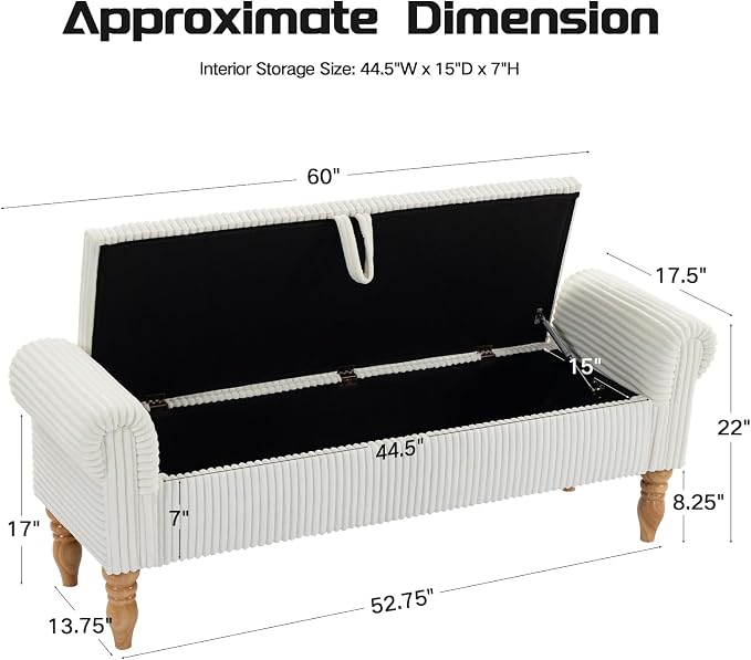60" Storage Bench for Bedroom,End of Bed Bench with Storage | Corduroy King Size Bench with Rolled Arms,Storage Ottoman Benches for Living Room,Entryway,Benches for Foot of Bed,White