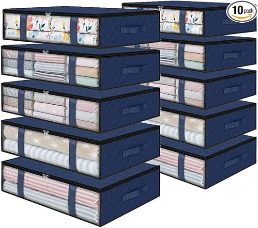 StorageRight Under Bed Storage Bags, 10 Pack, 40L, Blue | Breathable Non-Woven Fabric with a Clear Window and Zippered Top for Clothes, Comforters, Blankets and Seasonal Storage