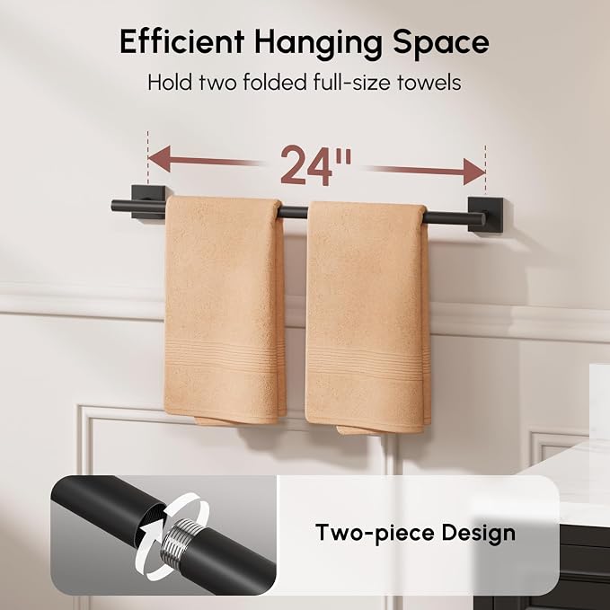 Matte Black Towel Bar, 24 Inch Towel Racks for Bathroom | Thicken 304 Stainless Steel Towel Holder with Square Base, Towel Rod Wall Mounted, Modern Home Decor (Total Length 26 Inch)