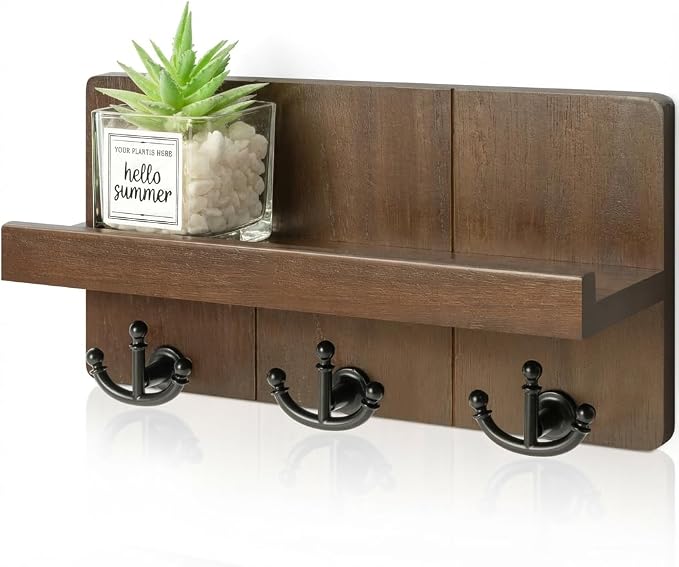 Rebee Vision Key Holder Wall Mount with 3 Hooks for Entryway, Retro Brown | Key Holder for Wall, Floating Shelf, Plant Display, Mail Organizer, Anchor Key Hanger, Rustic Storage, Decorative Home Decor