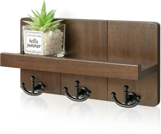 Rebee Vision Key Holder Wall Mount with 3 Hooks for Entryway, Retro Brown | Key Holder for Wall, Floating Shelf, Plant Display, Mail Organizer, Anchor Key Hanger, Rustic Storage, Decorative Home Decor