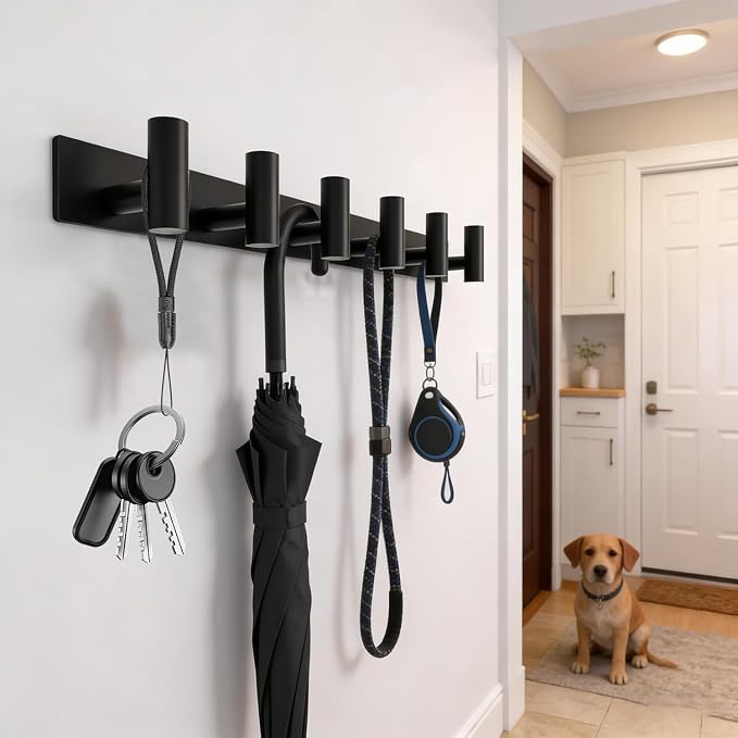 Matte Black Coat Rack Wall Mount - 6 Hooks, Heavy Duty Stainless Steel Wall Hooks for Towels, Coats, Robes, Bags, Hats, Keys, Wall Coat Hanger for Bathroom,Entryway,Kitchen,Hotel,Bedroom,Office, 2Pack