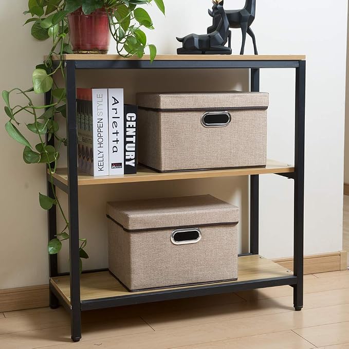 PRANDOM Collapsible Storage Cubes with Lids [3-Pack] Jute Fabric Foldable Storage Boxes Organizer Containers Baskets Bins with Cover for Home Bedroom Closet Office Nursery (14.9x9.8x9.8)