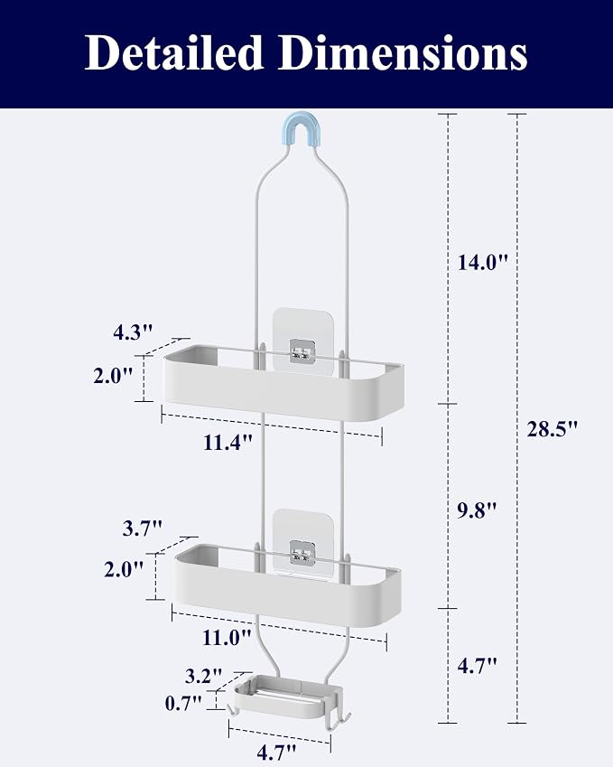 Kitsure Shower Caddy Hanging, No-Drill Bathroom Shelves, White, 28.5" H | Bathroom Organizers and Storage, Wobble-Free Shower Organizer with Adhesive Tapes, Rust-Proof Shower Storage for Toiletries