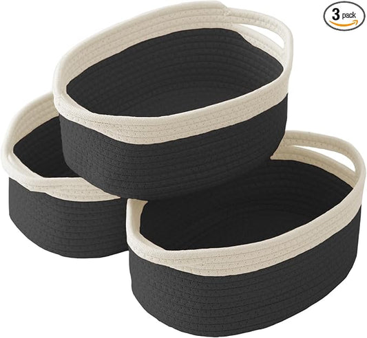 JMvicyroam Small Woven Basket, Empty Gift Basket, White&Black/3 Pack | Small Gift Basket, Cotton Rope, 12 x 8 x 62 in, Handles, Includes Ribbon and Bag, Birthday Gift Basket
