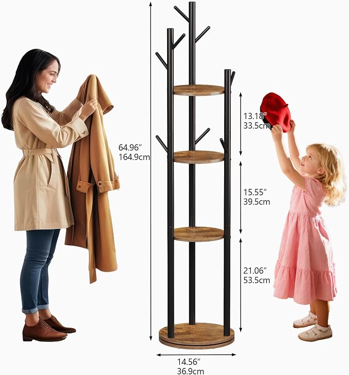 Espelism Rotary Coat Rack Stand, Freestanding Metal Hall Tree with 9 Hooks | 4-tier coat stand with wood storage shelves. Ideal for entryway, bedroom, corner or office clothing organization.Brown
