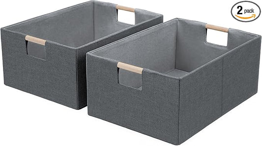 Foldable Fabric Storage Cubes, 2 Packs Cloth Storage Baskets with Wooden Handles, Collapsible Shelf Closet Organizer Bins, Rectangular Storage Boxes for Decor (Gray 2 Pack)