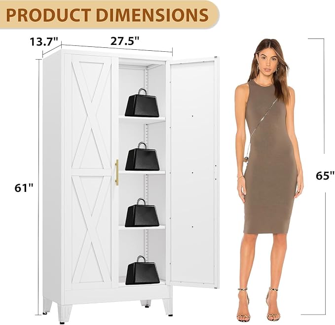 61" Metal Storage Cabinet with 2 Doors and 3 Adjustable Shelves,White Farmhouse Kitchen Pantry Cabinet,Steel Garage Tool Cabinet,File Cabinetfor Home,Office,Dinning Living Room,Warehouse