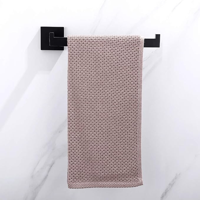 TASTOS Hand Towel Holder Wall Mounted, Square Towel Ring, Matte Black | Stainless Steel Hand Towel Bar for Bathroom and Kitchen, Heavy Duty, Modern design hand Towel Rack, Screw-In, Square Base