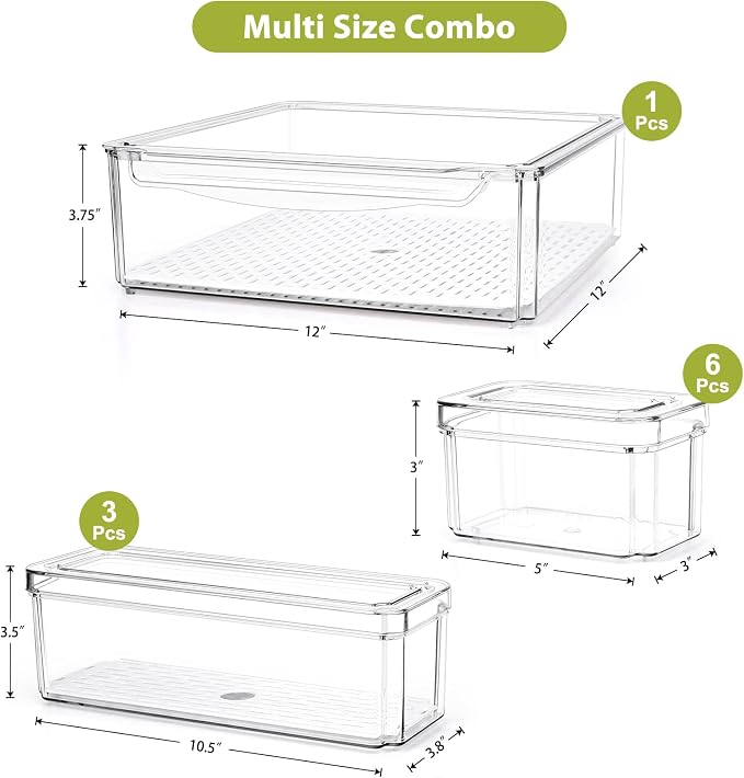 10 Pack Refrigerator Pantry Organizer Bins, Stackable Fridge Organizer Bins with Lids, Clear Plastic Food Storage Bins for Kitchen, Countertops, Cabinets, Fridge, Drinks, Fruits, Vegetable, Cereals