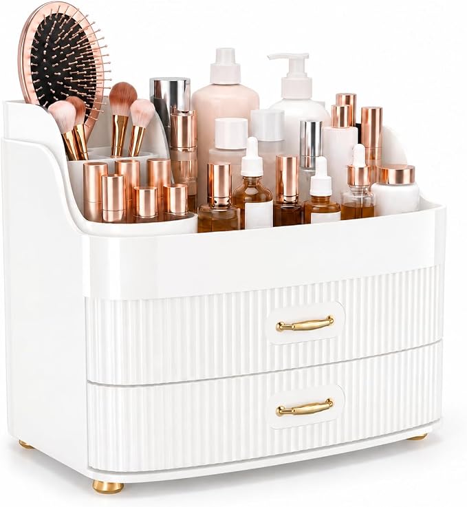 Makeup Organizer for Countertop Vanity Skincare Storage for Perfume Lipstick Bathroom Dresser Desk with Drawers And Brush Holder (White)